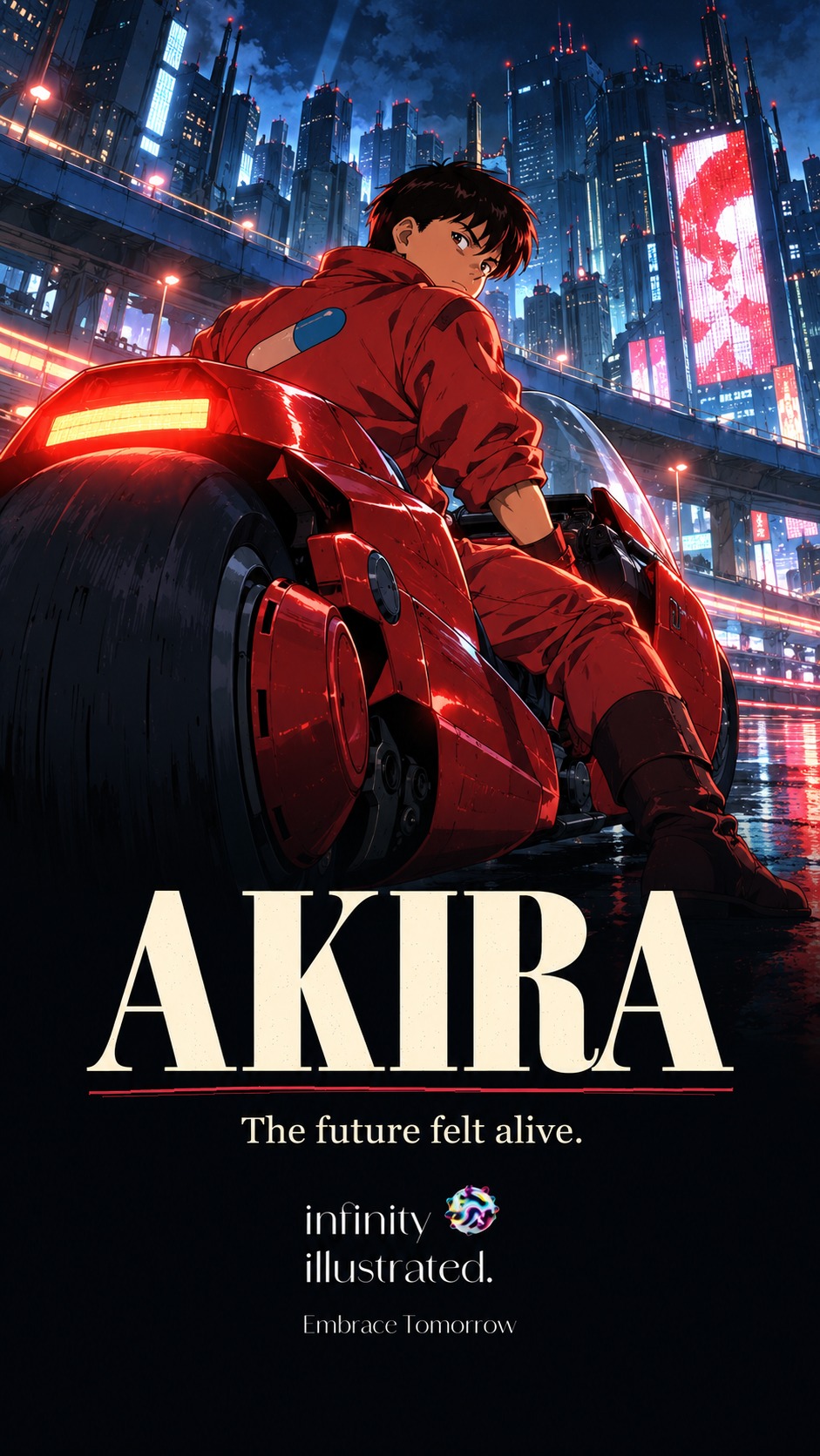 Illustrated Kaneda on his red motorcycle in neon-lit Neo-Tokyo above the Akira title, The future felt alive tagline, Infinity Illustrated Orb and Embrace Tomorrow branding