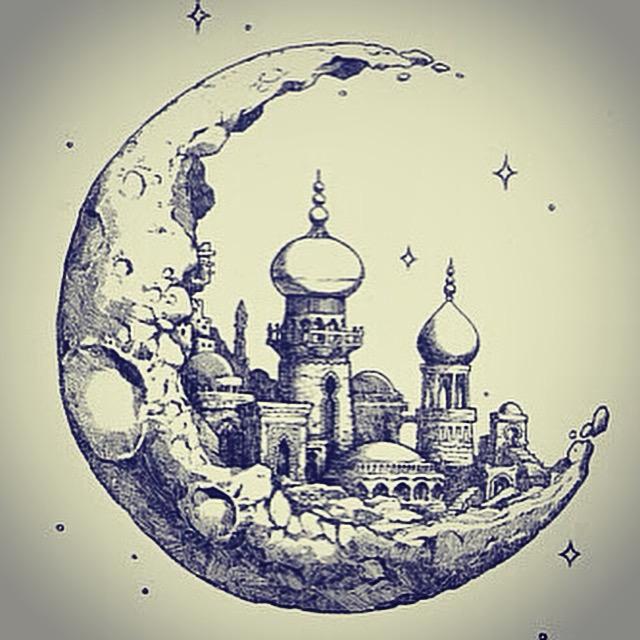 Crescent moon carrying a castle, from the reference images Enzo shared for the book-inspired sequence