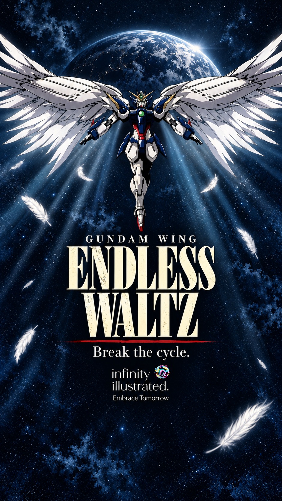Wing Zero unfolds its white angel wings in space above the Endless Waltz title, Infinity Illustrated Orb and Embrace Tomorrow branding
