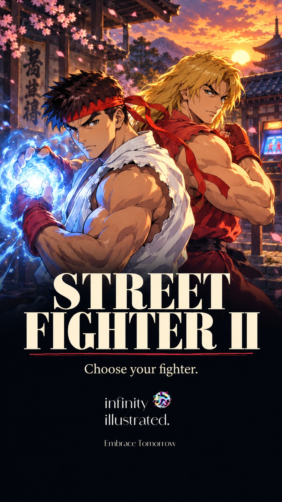 Illustrated Ryu and Ken in a Japanese courtyard above the Street Fighter II title, Choose your fighter tagline, Infinity Illustrated Orb and Embrace Tomorrow branding